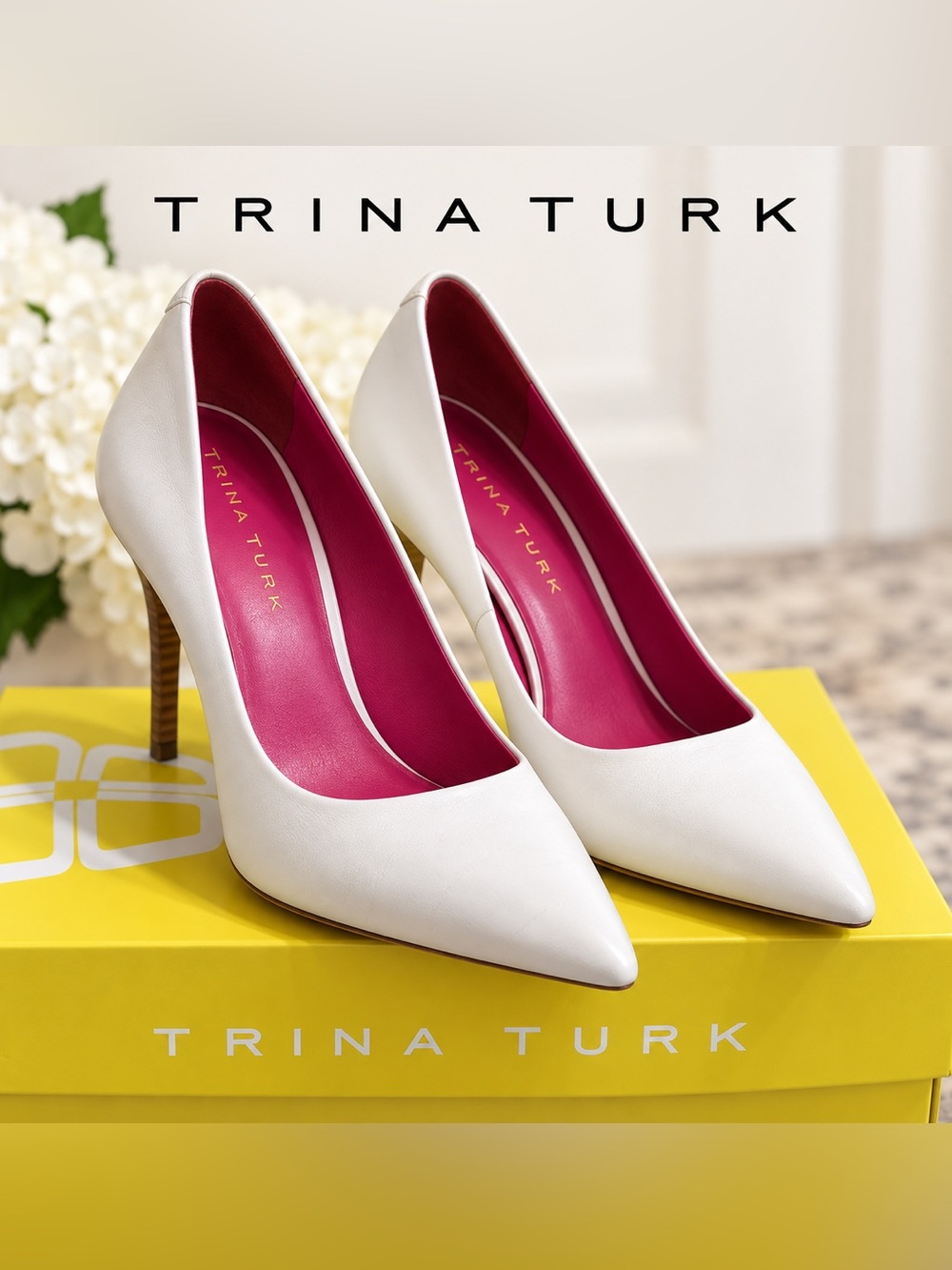 Trina Turk White Pointed-Toe Pumps with Fuchsia Interior